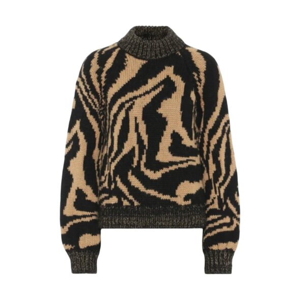 GANNI Tiger Jacquard Sweater Pullover Womens XS Black Tan Wool Alpaca Mock Neck